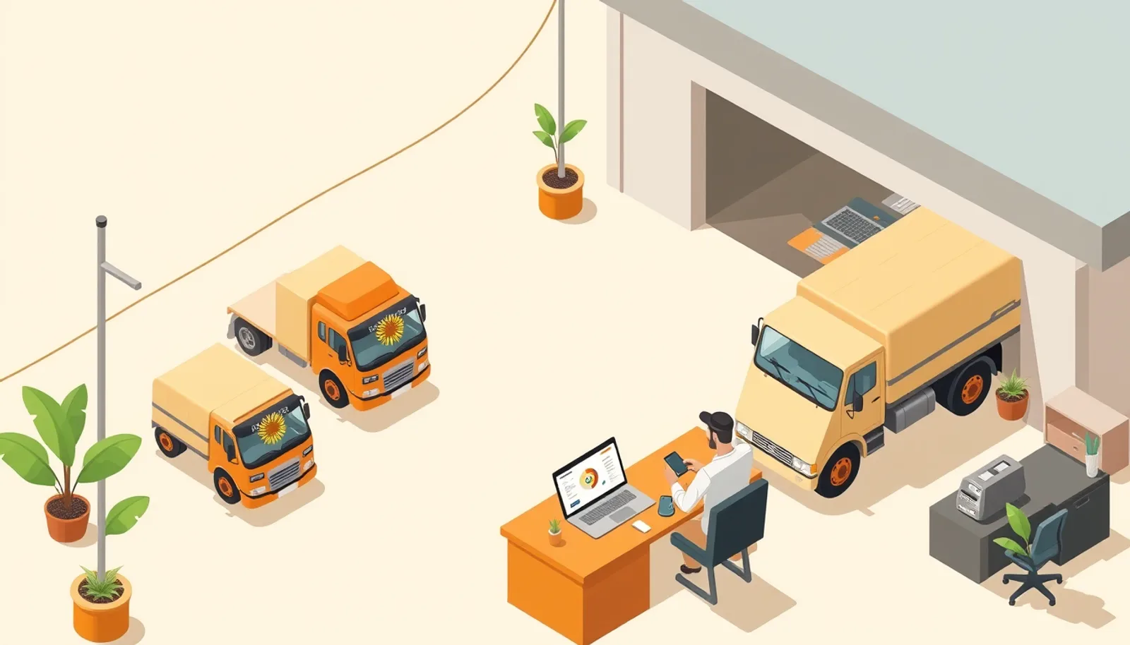 A small transport company yard with trucks and an office